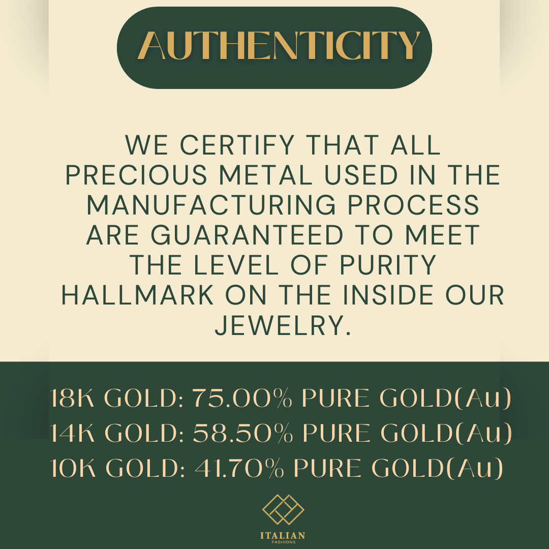 Authenticity certification for gold purity level in jewelry, including 18K, 14K, and 10K gold percentages, by Italian jewelry brand.