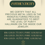 Authenticity certification for gold purity level in jewelry, including 18K, 14K, and 10K gold percentages, by Italian jewelry brand.