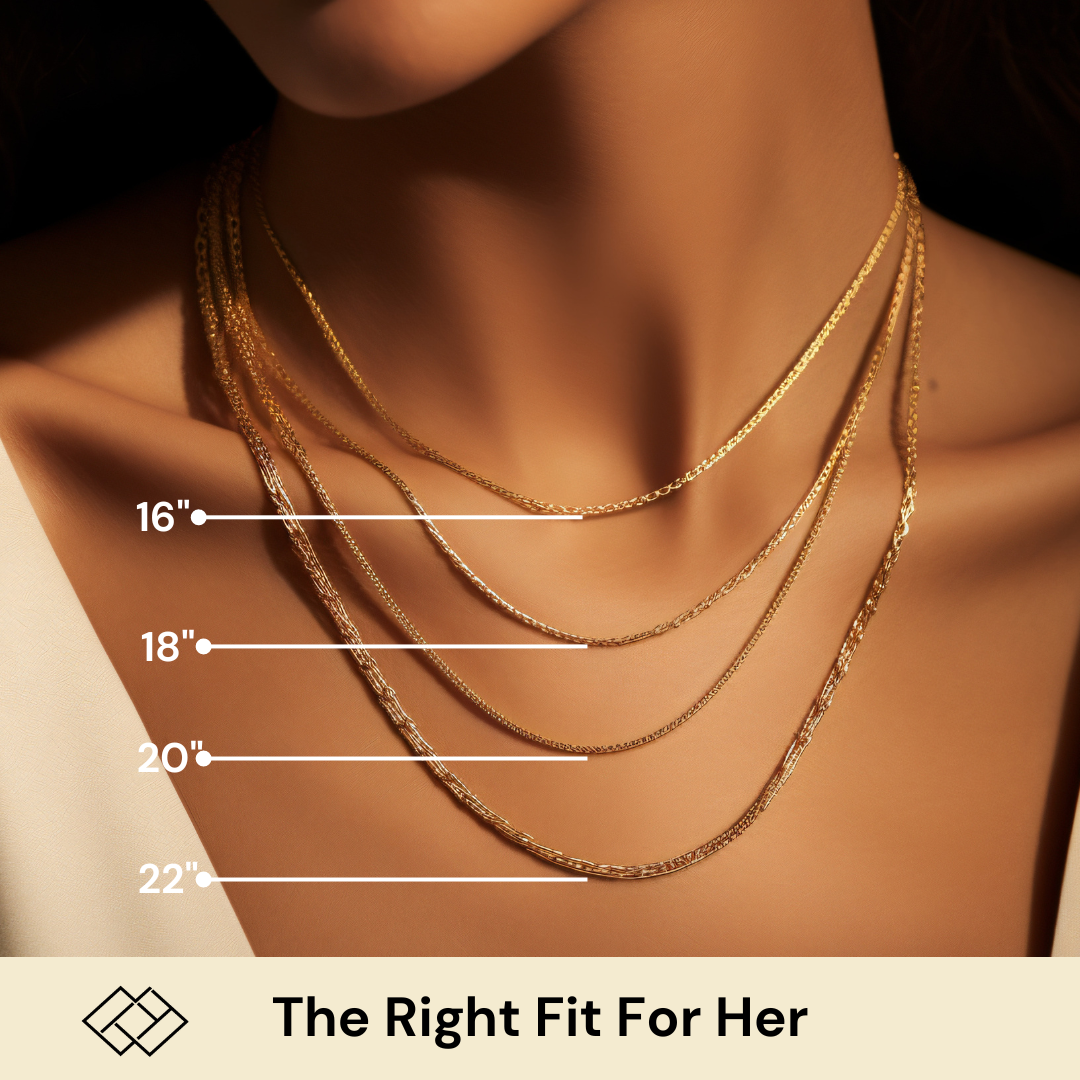 Woman wearing layered 10K yellow gold Franco chains in varying lengths from 16 to 22 inches, showcasing different necklace fits.