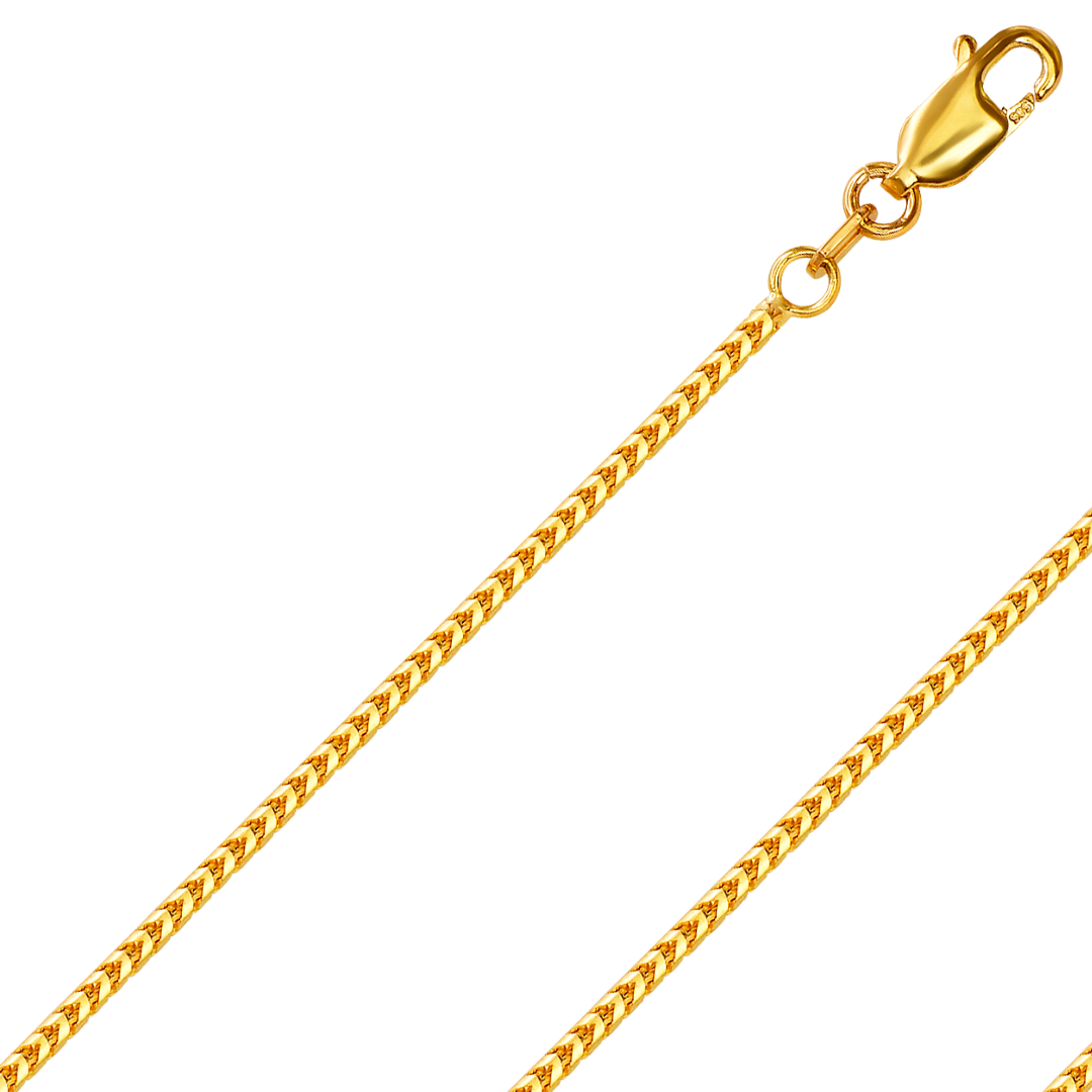 10K solid yellow gold Franco chain, 1.20mm-3.25mm, genuine diamond cut design, elegant and durable necklace clasped view.