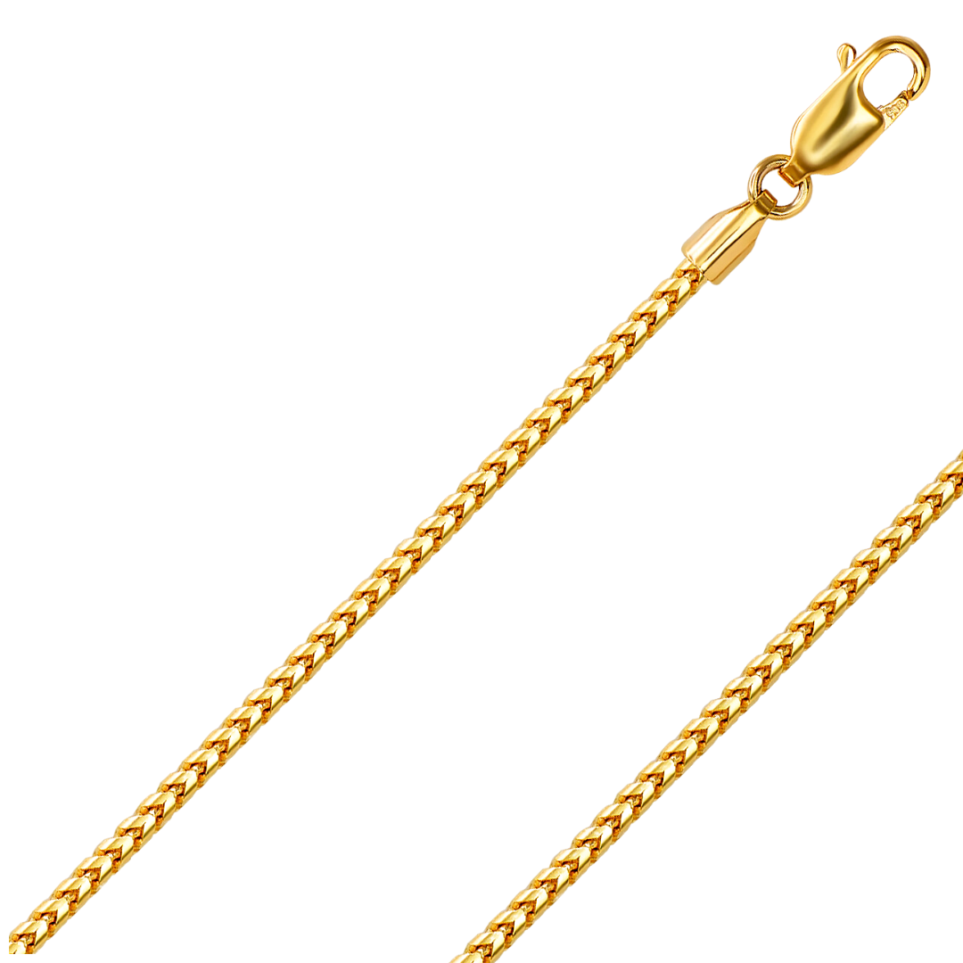 10K solid yellow gold diamond cut Franco chain with lobster clasp, showcasing its elegant and durable design for added sophistication.